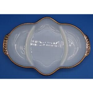 VTG Fire King Divided Oven Ware Milk Glass 3 Section Serving Dish 22K Gold Trim‎